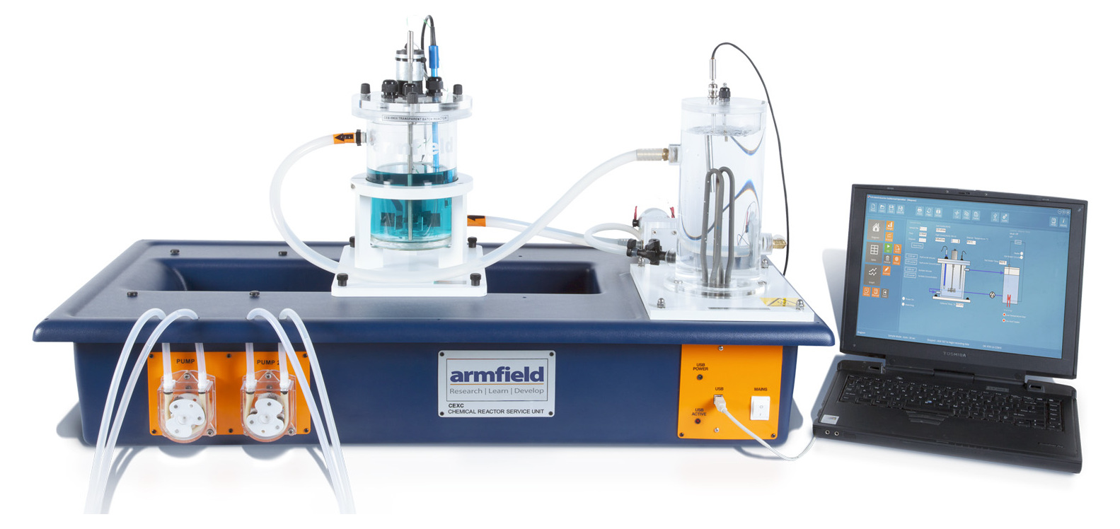 Armfield CEXC chemical reactors service unit with batch reactor and laptop running the control software