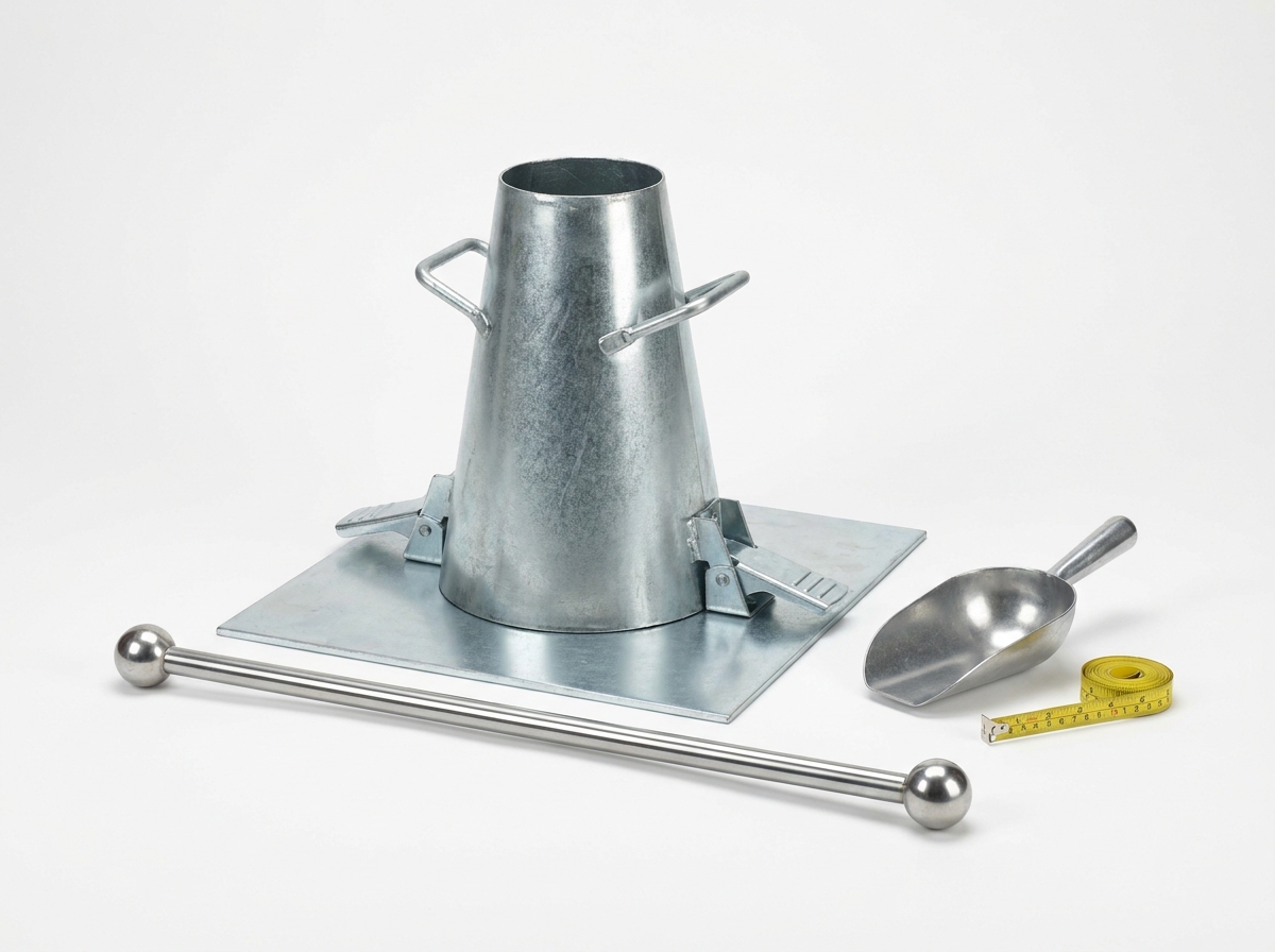 Concrete slump test equipment kit: galvanized Abrams slump cone on a base plate with tamping rod, scoop and measuring tape