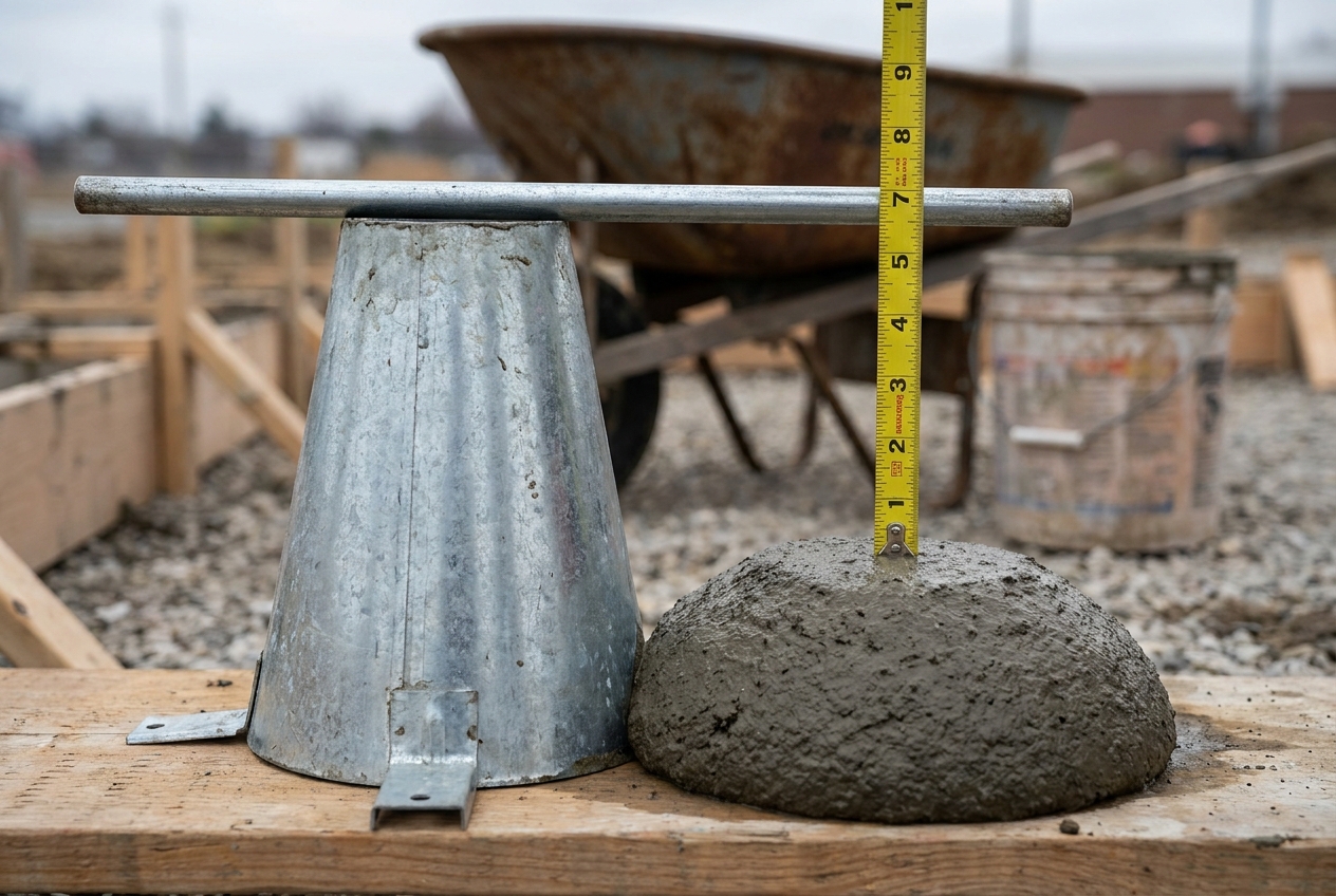 Completed concrete slump test on a jobsite: inverted Abrams cone beside slumped concrete with a tamping rod and tape measure showing the slump